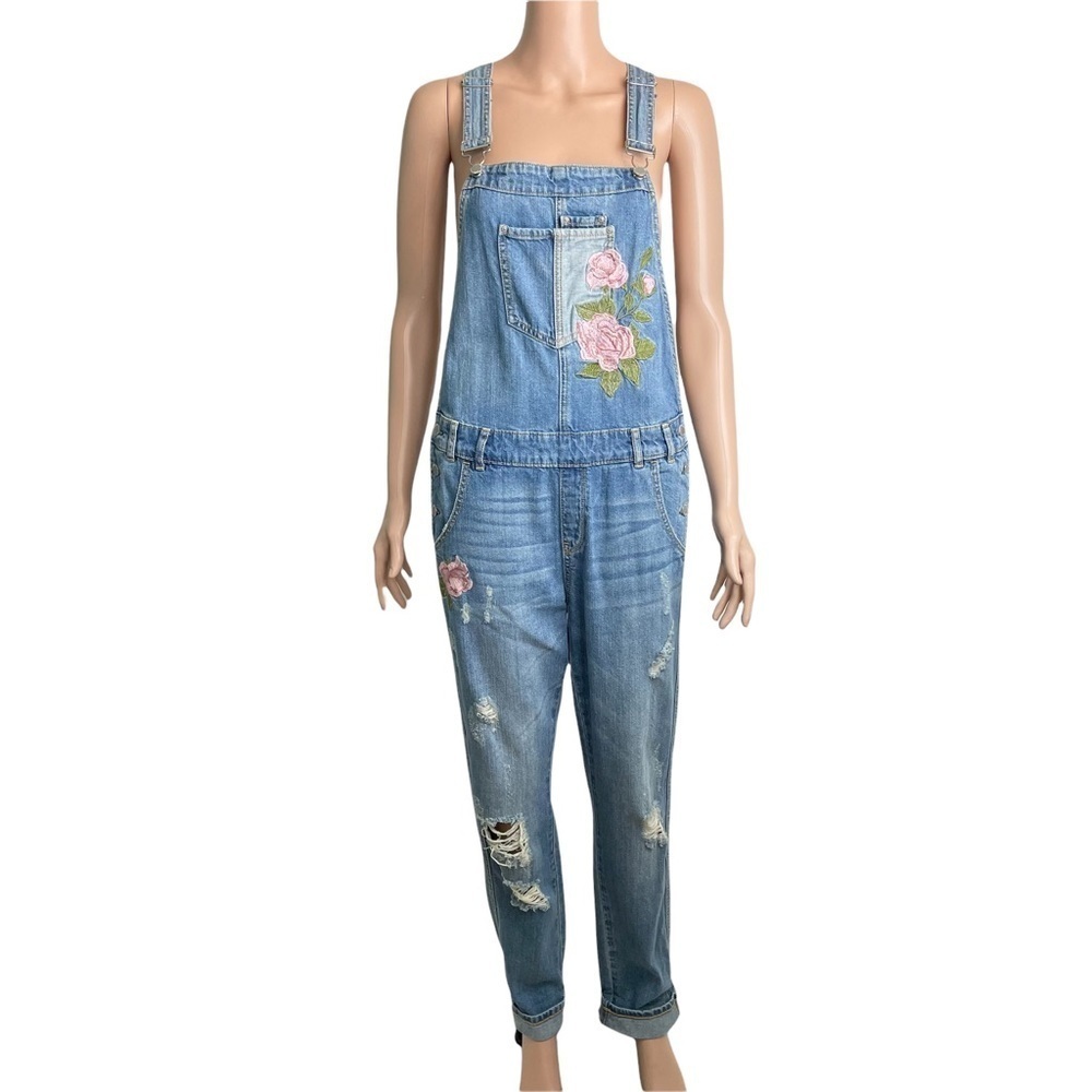 American Rag Floral Embroidered Distressed Jean Overalls - Picture 3 of 16